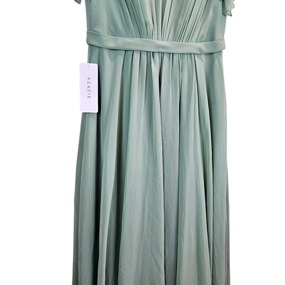 Azazie Womens Daphne A-Line Ruffled Chiffon Floor-Length Dress 14 Matcha Green - Picture 8 of 13